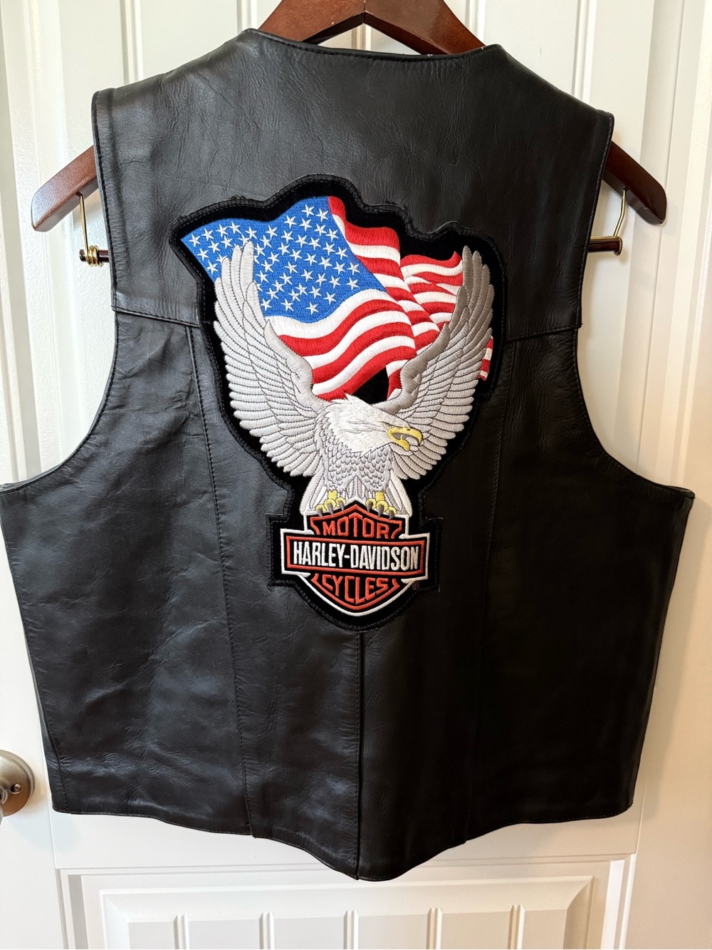 Harley Davidson / Barney’s Black Leather Jacket with Gold & White Logo Patch
